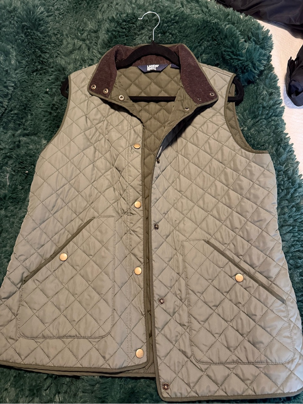 Lands' End Quilted Olive Vest with Brown Corduroy Collar